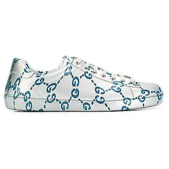 Gucci | Shoes | Gucci Mens New Ace Silver Blue Ghost Gg Logo